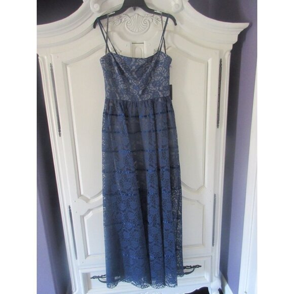 NWT Vera Wang Navy Blue Sheer Floral Lace Satin Striped Gown Dress 8 $295 - Picture 5 of 8